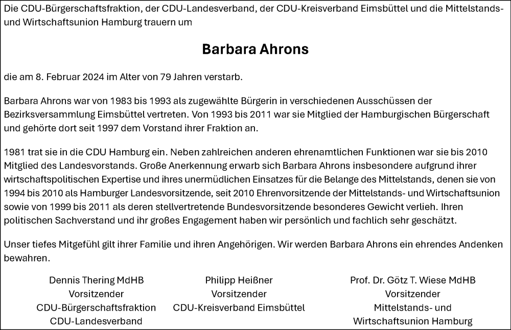  Traueranzeige für Barbara Ahrons vom 24.02.2024 aus Hamburger Abendblatt
