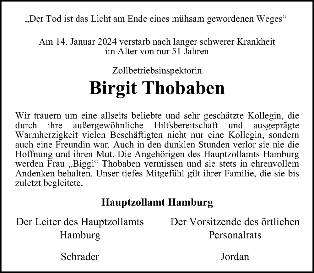  Traueranzeige für Birgit Thobaben vom 03.02.2024 aus HA Regio Norderstedt