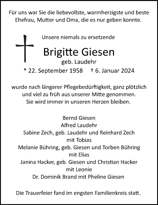 Traueranzeige von Brigitte Giesen von Hamburger Abendblatt