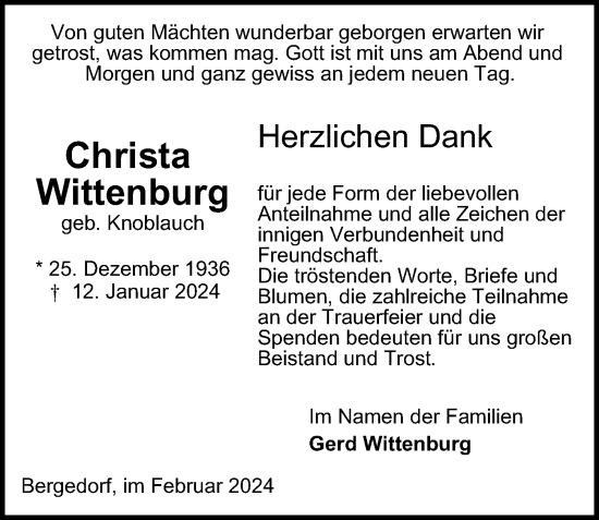 Traueranzeige von Christa Wittenburg von Bergedorfer Zeitung