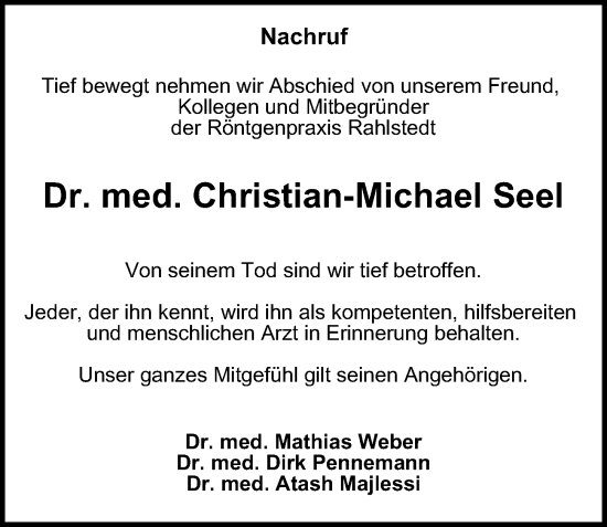 Traueranzeige von Christian-Michael Seel von Hamburger Abendblatt