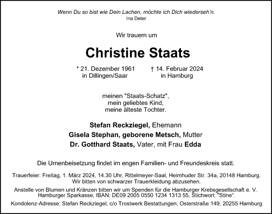 Traueranzeige von Christine Staats von Hamburger Abendblatt