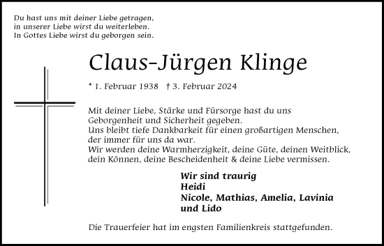 Traueranzeige von Claus-Jürgen Klinge 