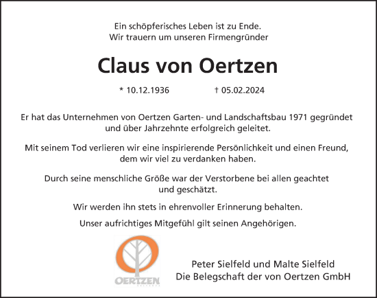 Traueranzeige von Claus von Oertzen von Hamburger Abendblatt