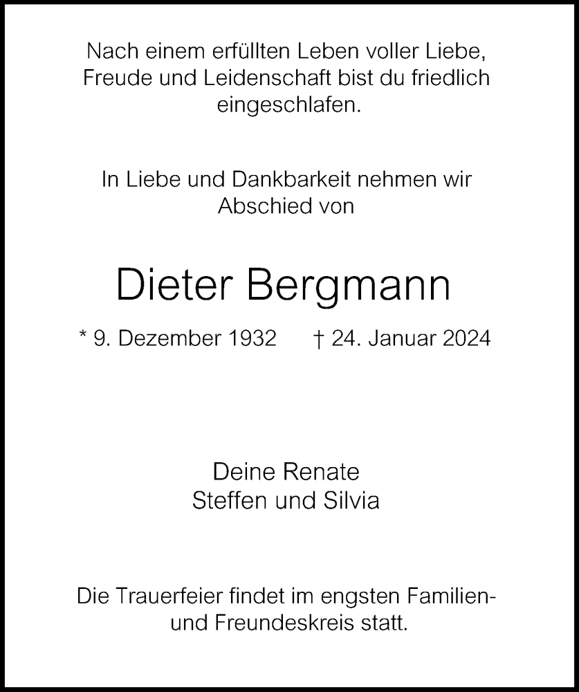  Traueranzeige für Dieter Bergmann vom 10.02.2024 aus Hamburger Abendblatt