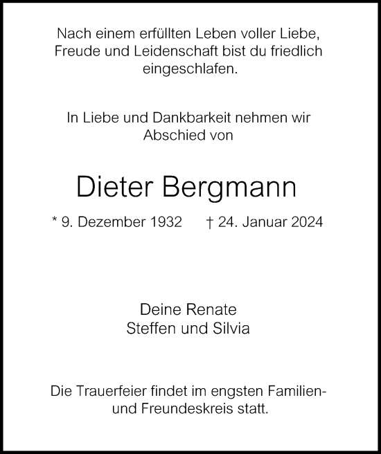 Traueranzeige von Dieter Bergmann von Hamburger Abendblatt