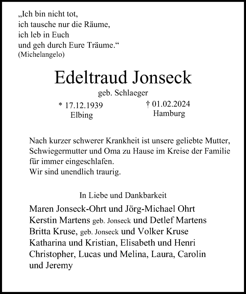  Traueranzeige für Edeltraud Jonseck vom 10.02.2024 aus Hamburger Abendblatt