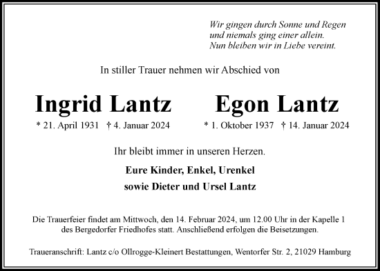 Traueranzeige von Egon Lantz von Bergedorfer Zeitung