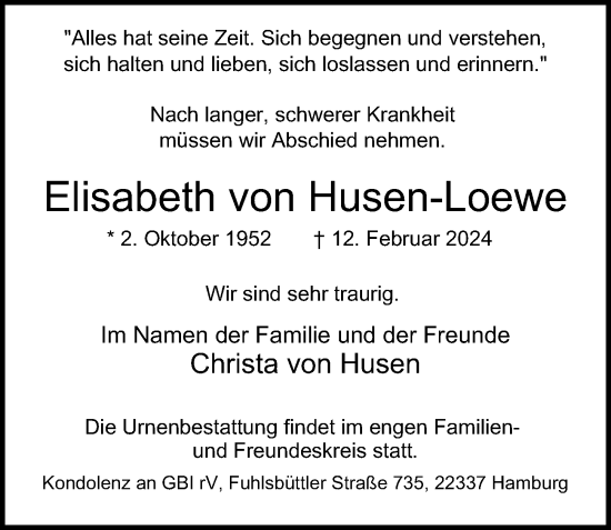 Traueranzeige von Elisabeth von Husen-Loewe von Hamburger Abendblatt