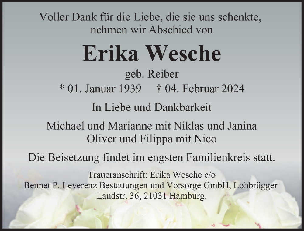  Traueranzeige für Erika Wesche vom 10.02.2024 aus Bergedorfer Zeitung