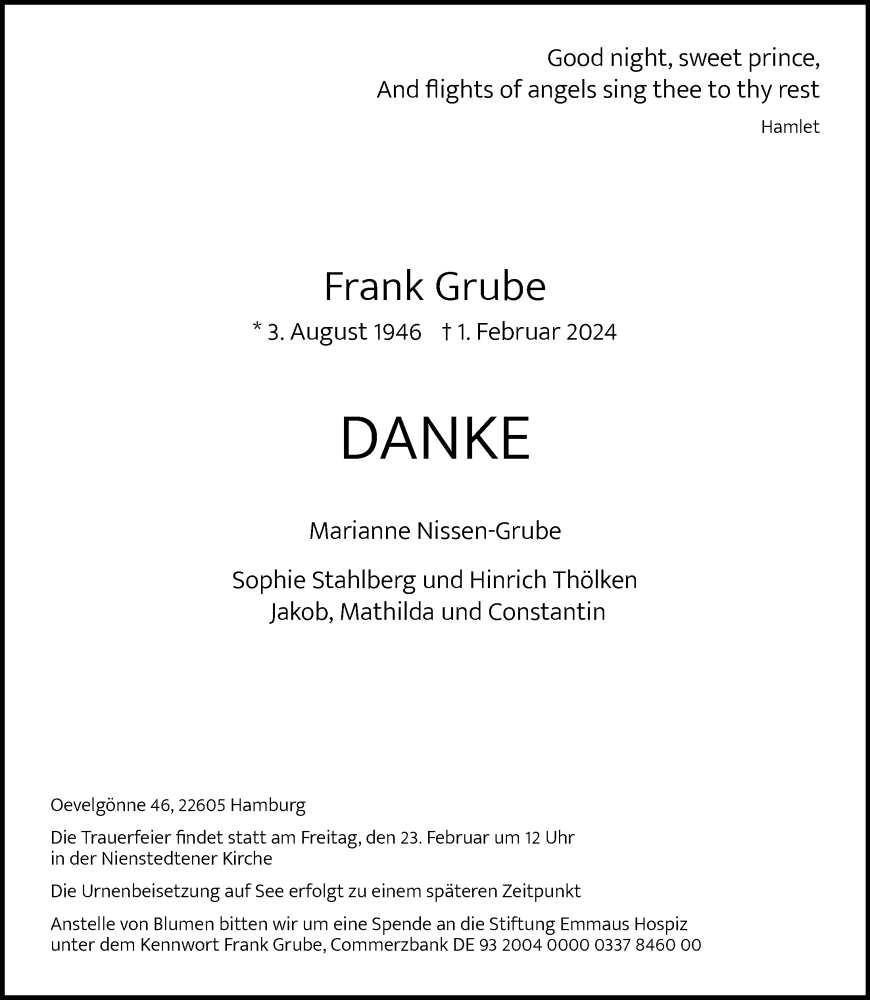  Traueranzeige für Frank Grube vom 10.02.2024 aus Hamburger Abendblatt