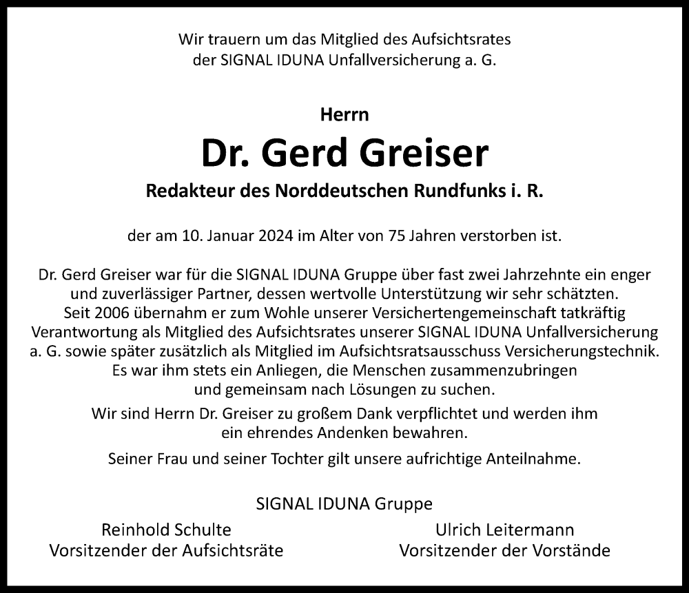  Traueranzeige für Gerd Greiser vom 03.02.2024 aus Hamburger Abendblatt