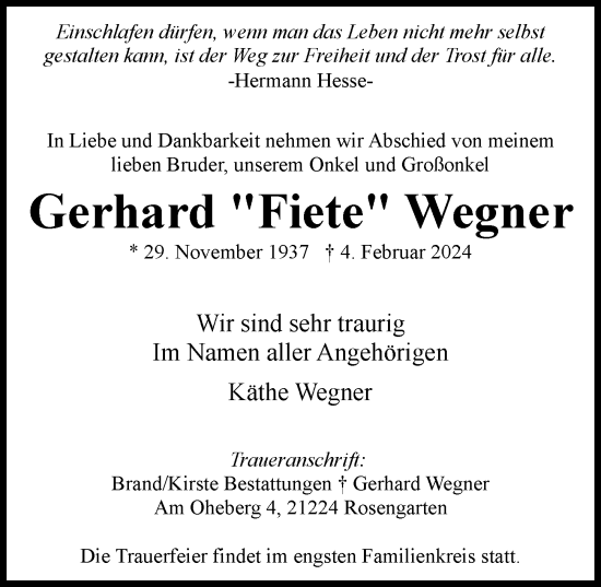 Traueranzeige von Gerhard  Wegner von Hamburger Abendblatt