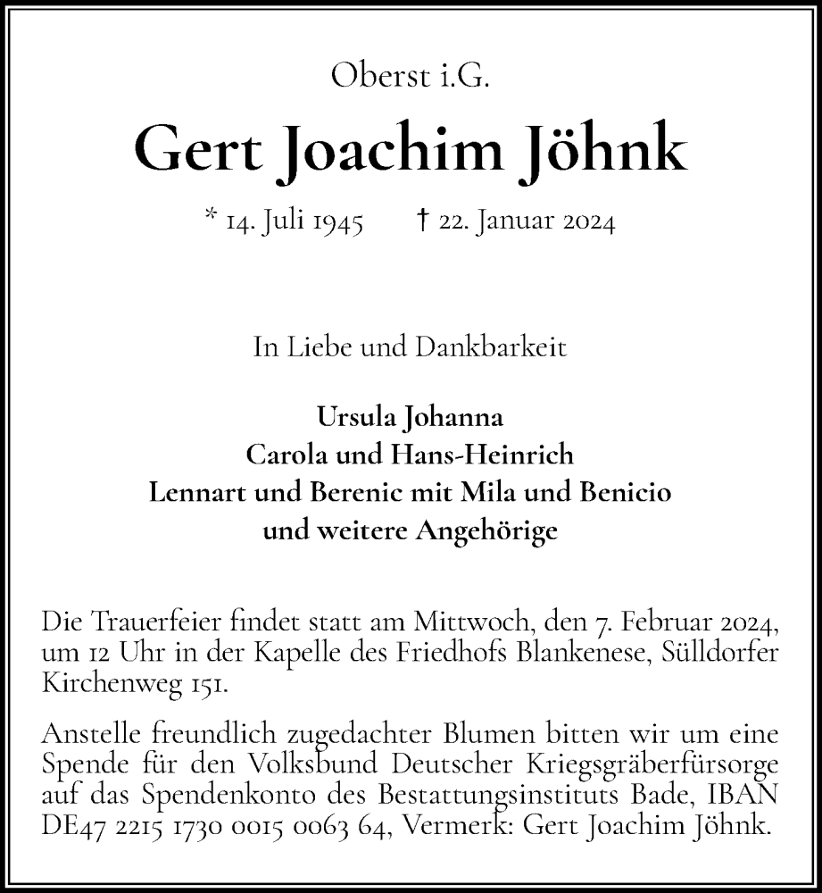  Traueranzeige für Gert Joachim Jöhnk vom 03.02.2024 aus Hamburger Abendblatt
