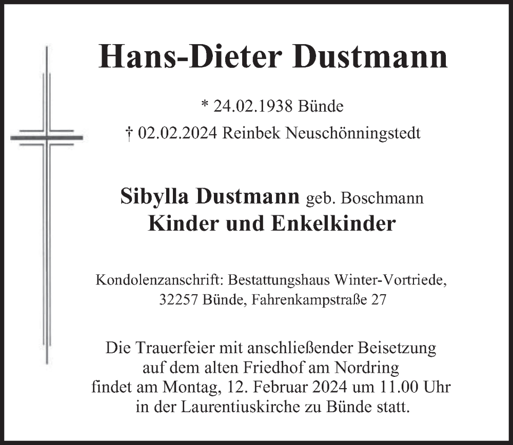  Traueranzeige für Hans-Dieter Dustmann vom 10.02.2024 aus Hamburger Abendblatt