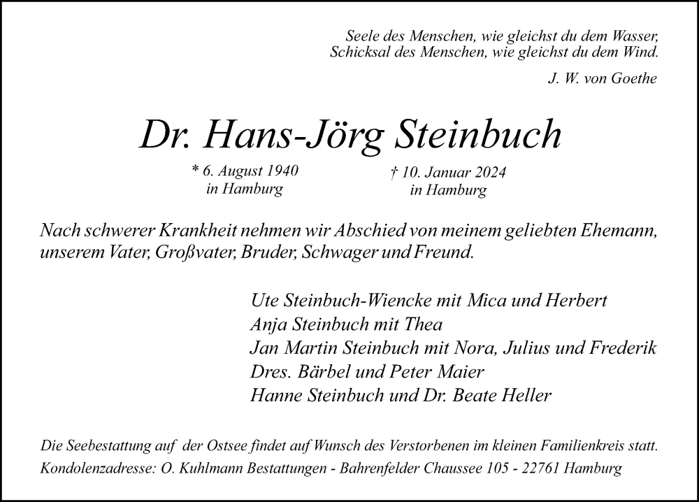  Traueranzeige für Hans-Jörg Steinbuch vom 17.02.2024 aus Hamburger Abendblatt