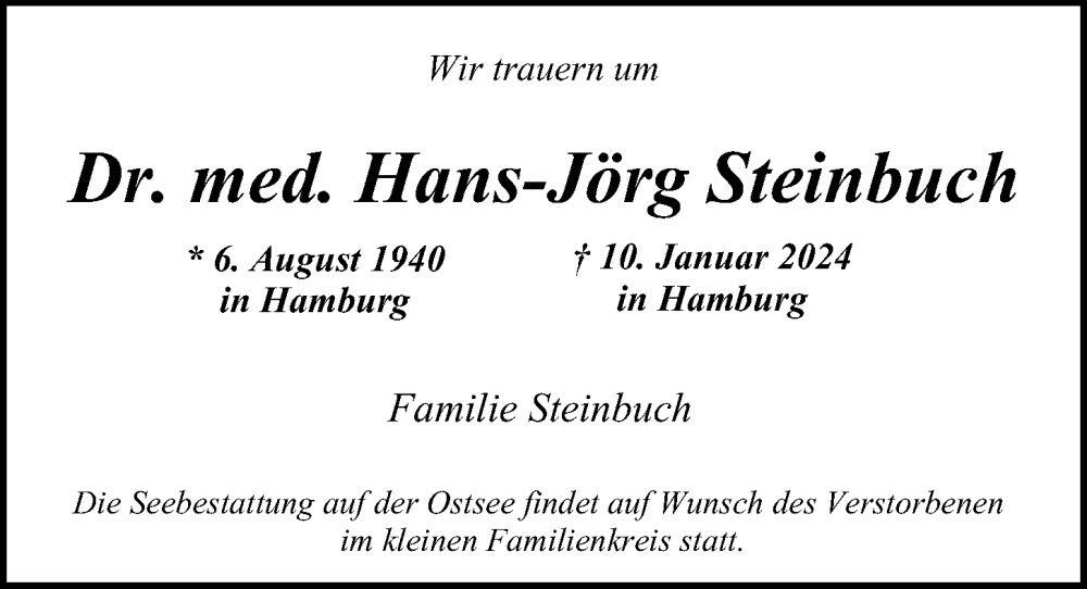  Traueranzeige für Hans-Jörg Steinbuch vom 10.02.2024 aus Hamburger Abendblatt