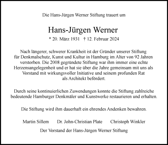 Traueranzeige von Hans-Jürgen Werner von Hamburger Abendblatt