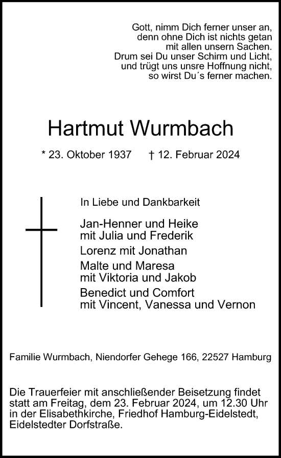 Traueranzeige von Hartmut Wurmbach von Hamburger Abendblatt