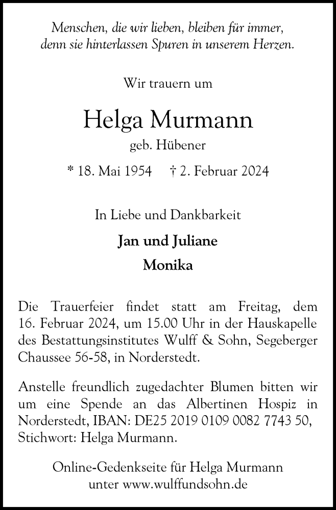  Traueranzeige für Helga Murmann vom 10.02.2024 aus Hamburger Abendblatt