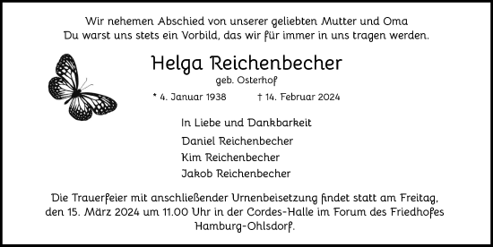 Traueranzeige von Helga Reichenbecher von Hamburger Abendblatt
