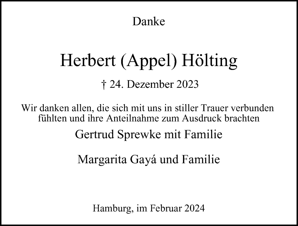  Traueranzeige für Herbert Hölting vom 10.02.2024 aus 