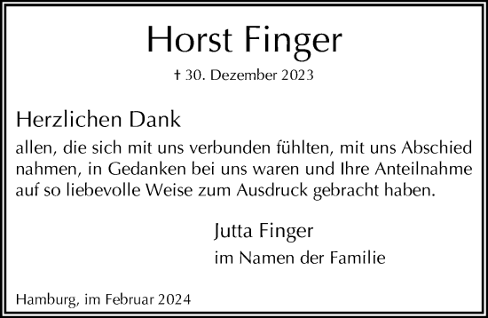 Traueranzeige von Horst Finger 