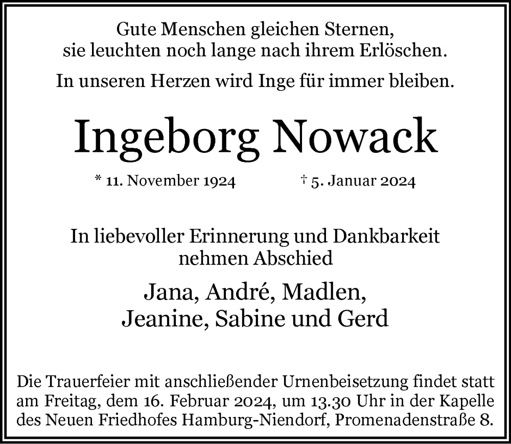  Traueranzeige für Ingeborg Nowack vom 10.02.2024 aus 