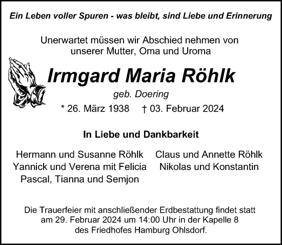 Traueranzeige von Irmgard Maria Röhlk von Hamburger Abendblatt