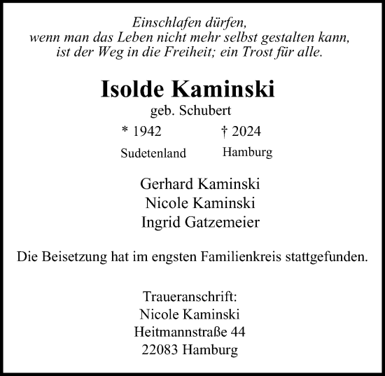 Traueranzeige von Isolde Kaminski von Hamburger Abendblatt