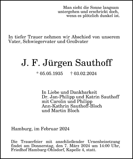 Traueranzeige von J. F. Jürgen Sauthoff von Hamburger Abendblatt
