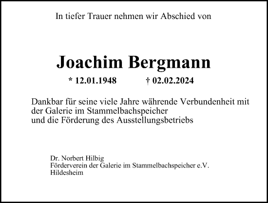 Traueranzeige von Joachim Bergmann von Hamburger Abendblatt