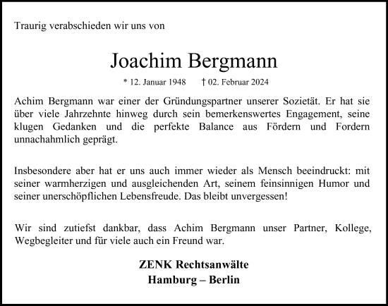 Traueranzeige von Joachim Bergmann von Hamburger Abendblatt