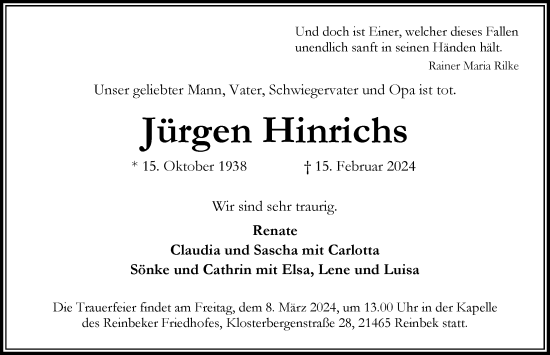 Traueranzeige von Jürgen Hinrichs von Hamburger Abendblatt