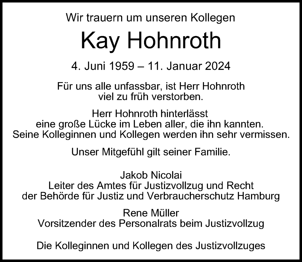  Traueranzeige für Kay Hohnroth vom 03.02.2024 aus Hamburger Abendblatt