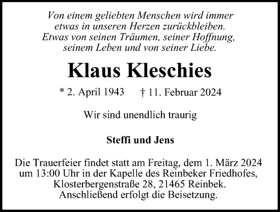 Traueranzeige von Klaus Kleschies von Bergedorfer Zeitung