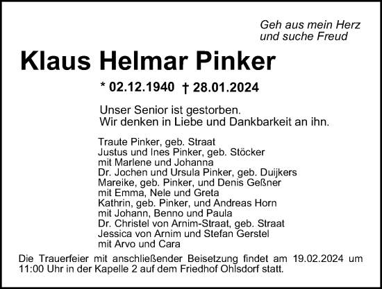 Traueranzeige von Klaus Helmar Pinker von Hamburger Abendblatt