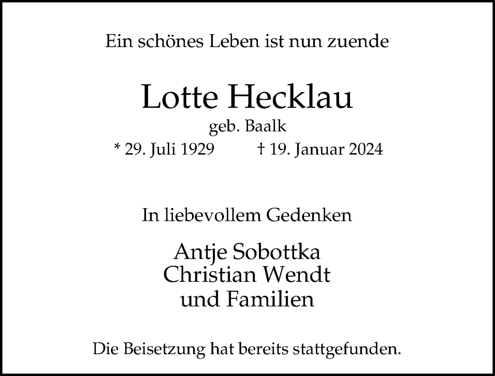  Traueranzeige für Lotte Hecklau vom 10.02.2024 aus Hamburger Abendblatt