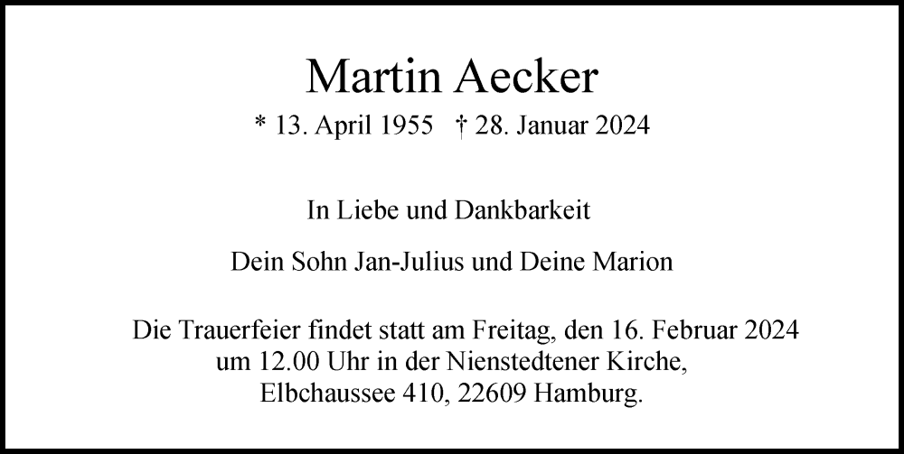  Traueranzeige für Martin Aecker vom 10.02.2024 aus Hamburger Abendblatt