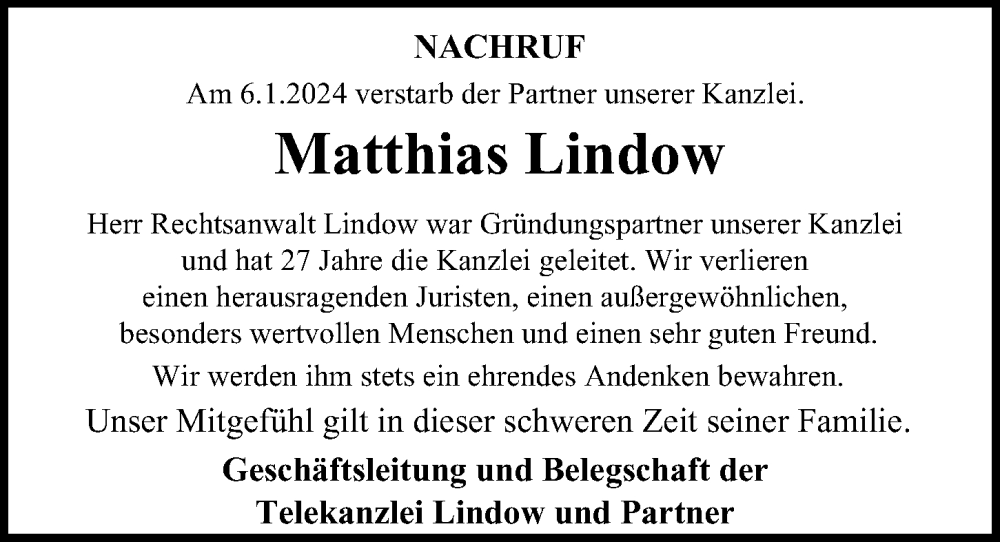  Traueranzeige für Matthias Lindow vom 03.02.2024 aus Hamburger Abendblatt