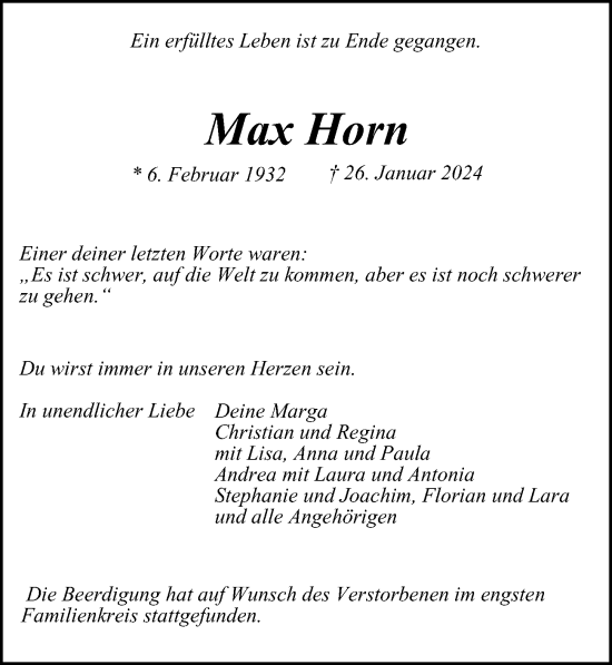 Traueranzeige von Max Horn von Hamburger Abendblatt