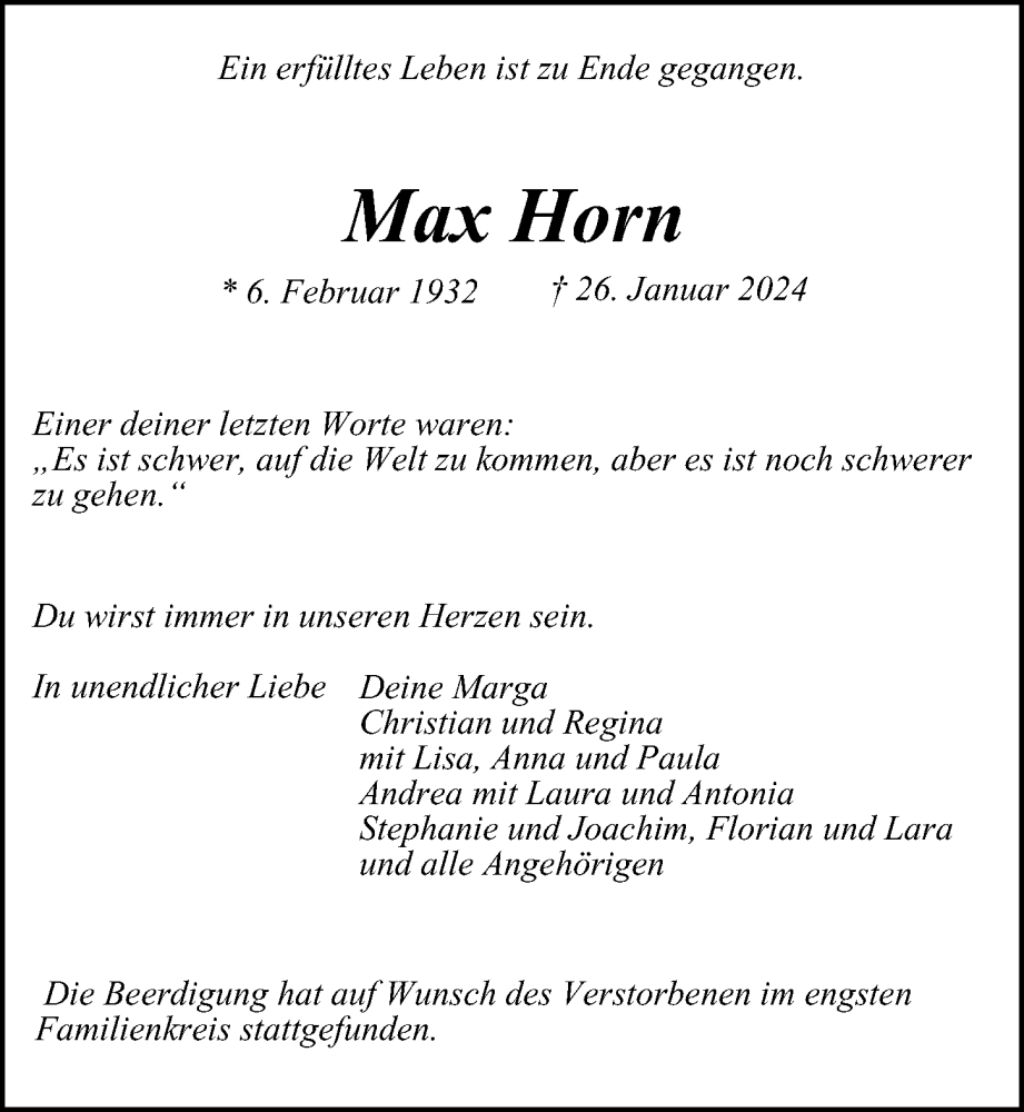  Traueranzeige für Max Horn vom 10.02.2024 aus Hamburger Abendblatt