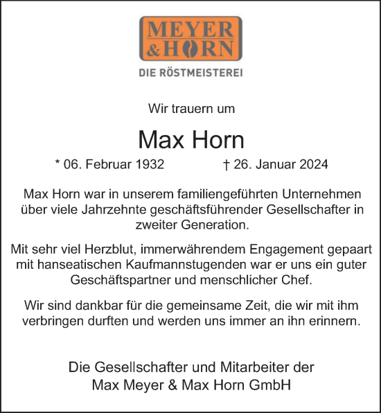 Traueranzeige von Max Horn von Hamburger Abendblatt