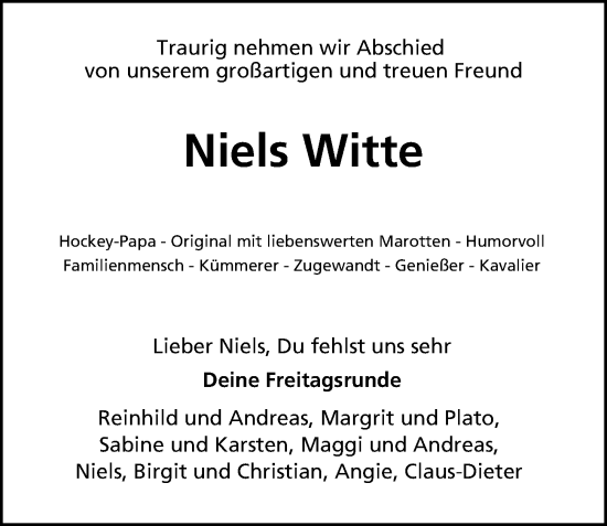Traueranzeige von Niels Witte von Hamburger Abendblatt