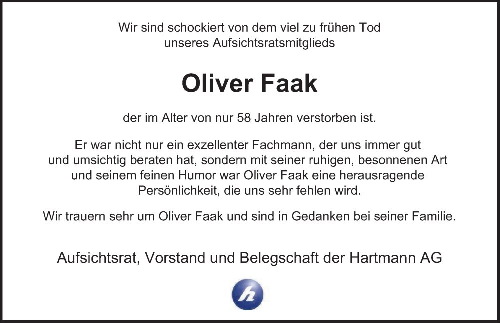  Traueranzeige für Oliver Faak vom 10.02.2024 aus Hamburger Abendblatt