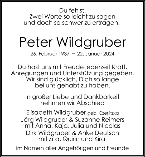 Traueranzeige von Peter Wildgruber von Hamburger Abendblatt