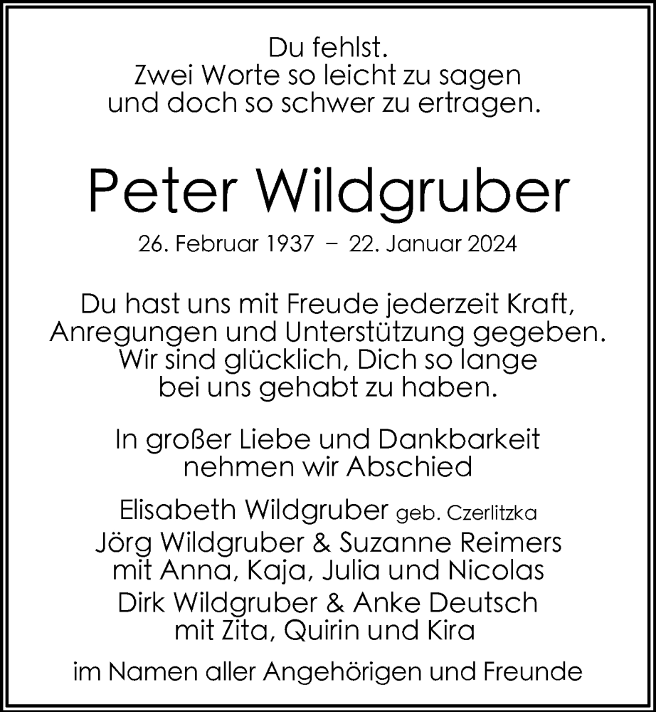  Traueranzeige für Peter Wildgruber vom 10.02.2024 aus Hamburger Abendblatt