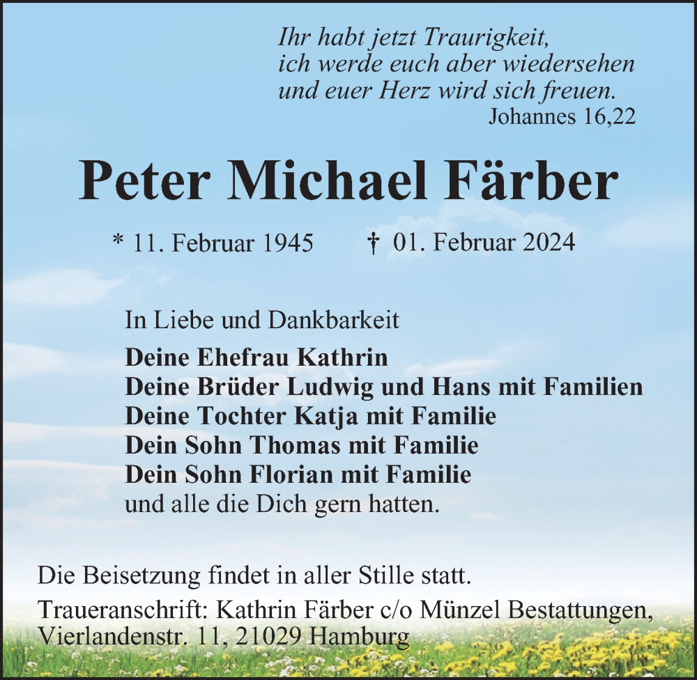  Traueranzeige für Peter Michael Färber vom 10.02.2024 aus Hamburger Abendblatt, Bergedorfer Zeitung