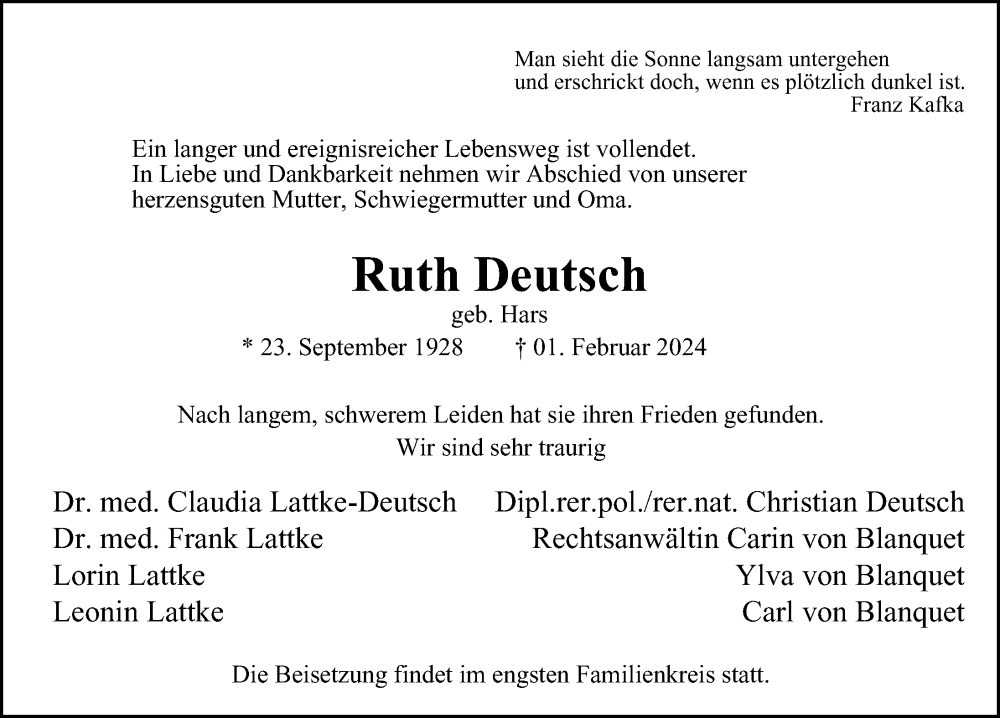  Traueranzeige für Ruth Deutsch vom 10.02.2024 aus Hamburger Abendblatt