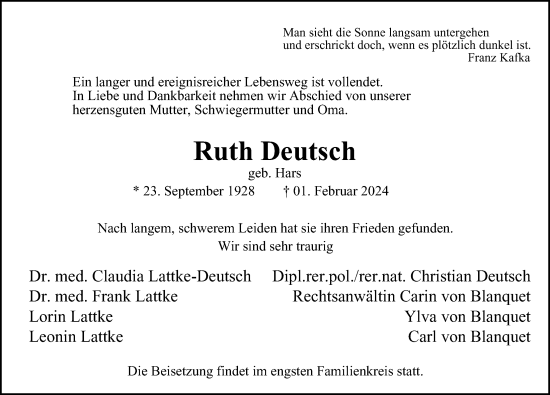 Traueranzeige von Ruth Deutsch von Hamburger Abendblatt